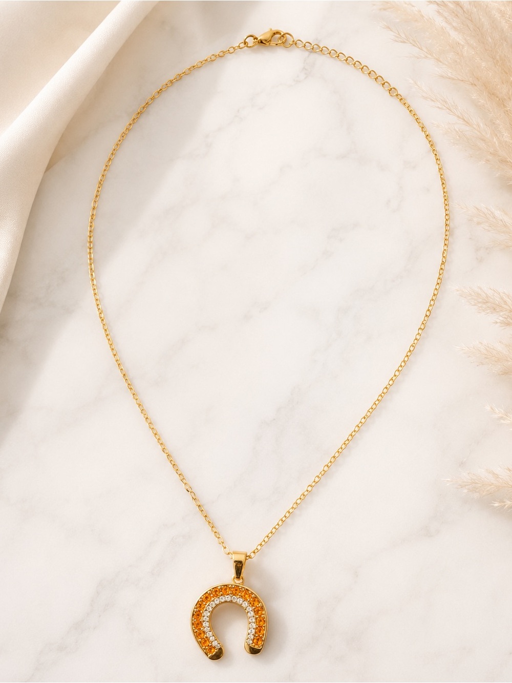 Gold Tone Orange Red Crystal Horseshoe Pendant Necklace Equestrian Jewelry